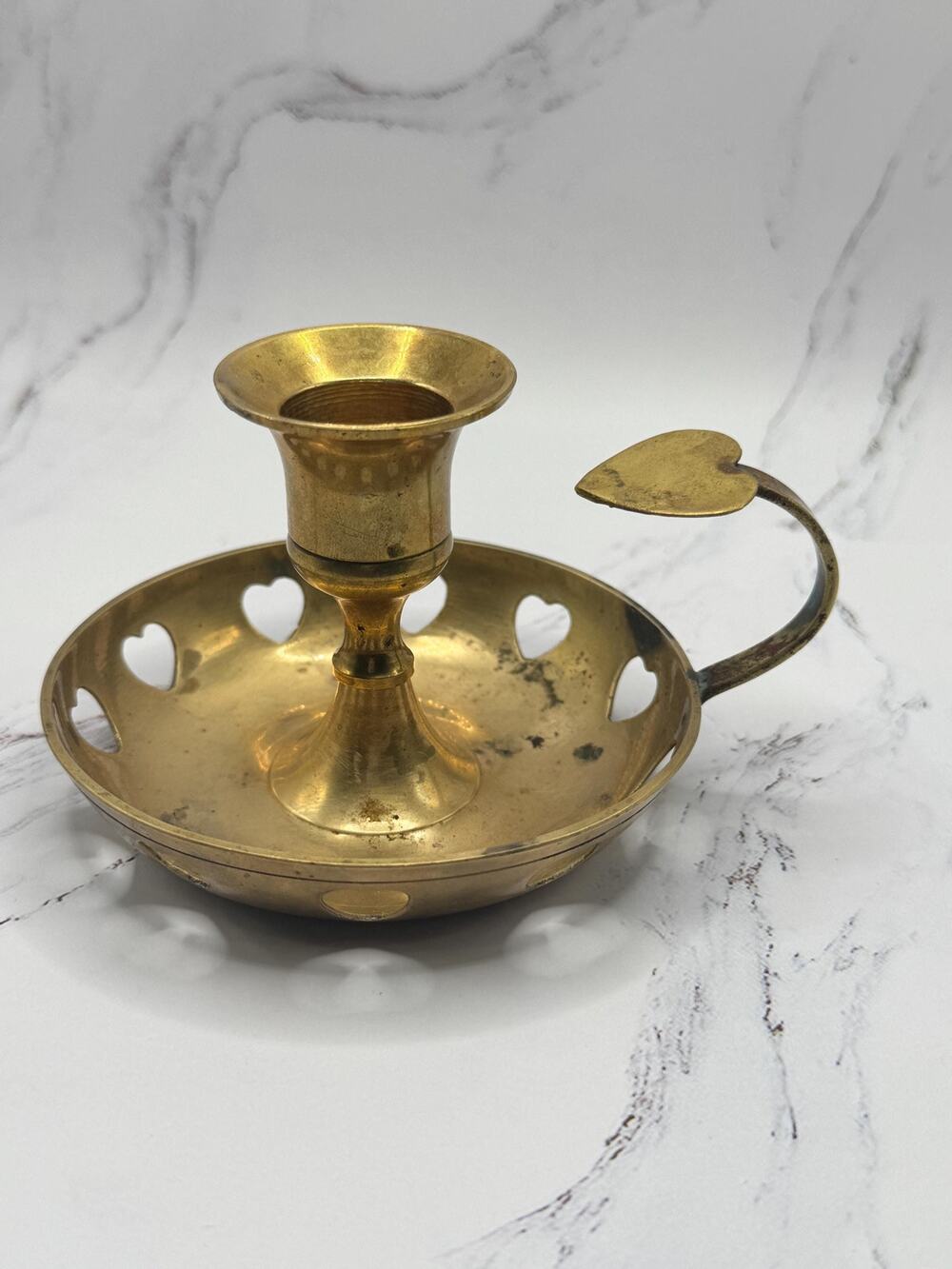 Vintage Brass Candle Holder with Heart Cutouts and Handle